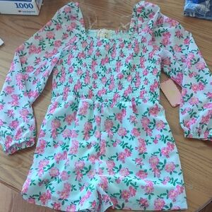 NEW size 10 Girls Floral Smocked Long-Sleeve Romper - Pink Floral